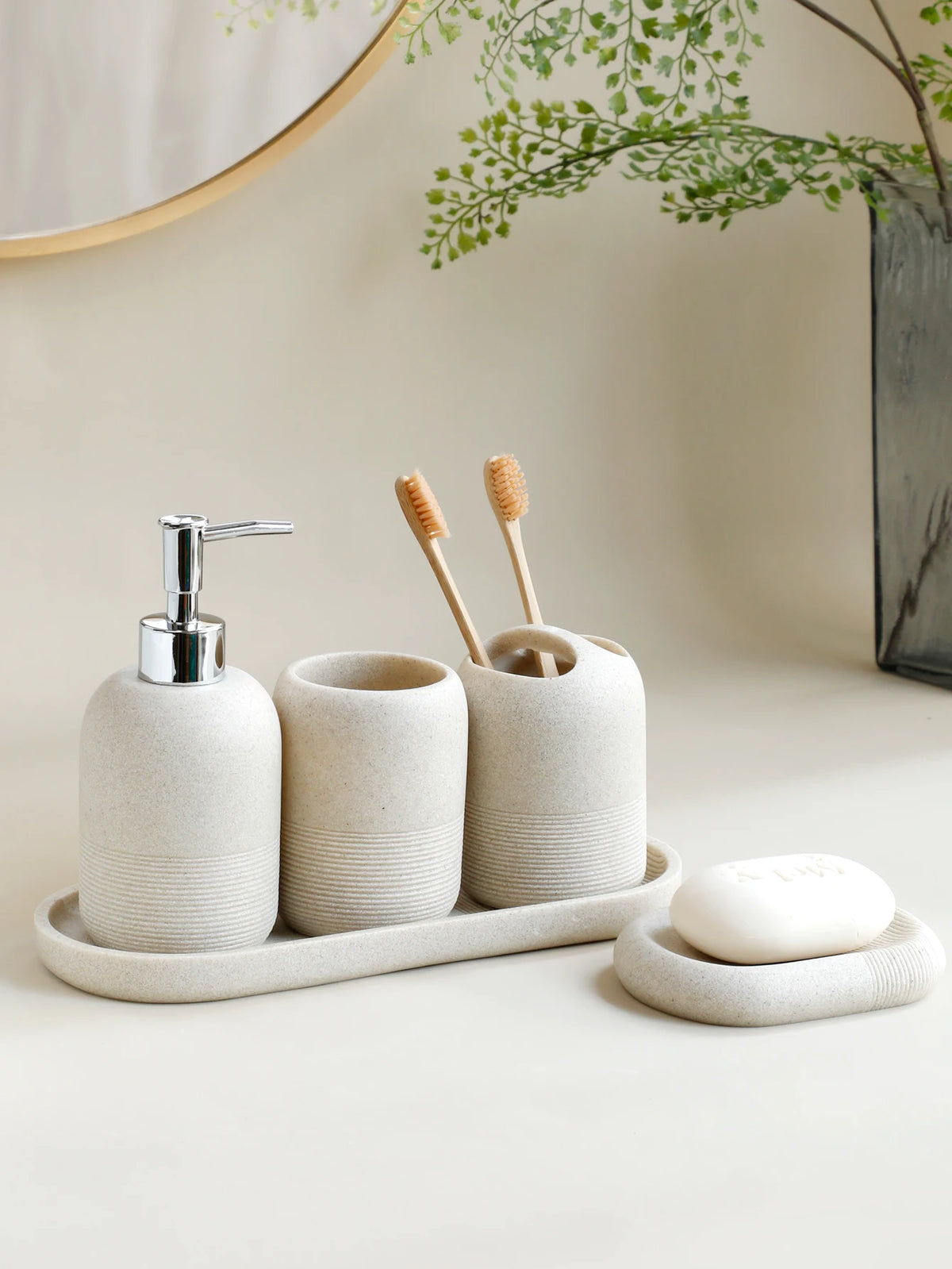 Kalmbath Atelier – Set salle de bain 5 pièces (distributeur, porte-savon, gobelet…)